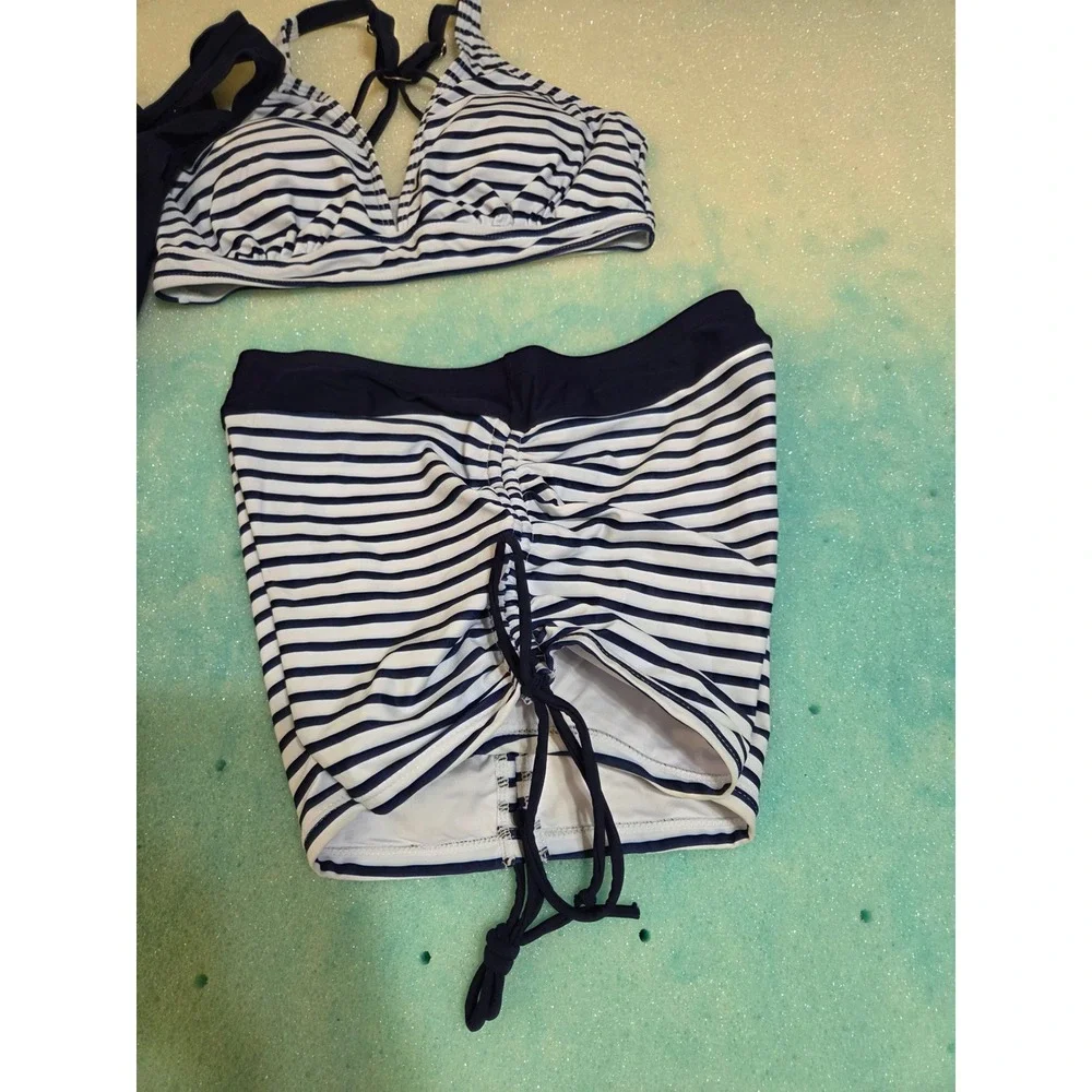 Womens 3‎ Piece Swimsuit Set Navy White Striped Tankini Bikini Shorts
